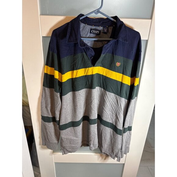 Chaps Mens XL Striped Long-Sleeve Polo Shirt Cotton Navy/Green/Gray        61-23 - Picture 1 of 6